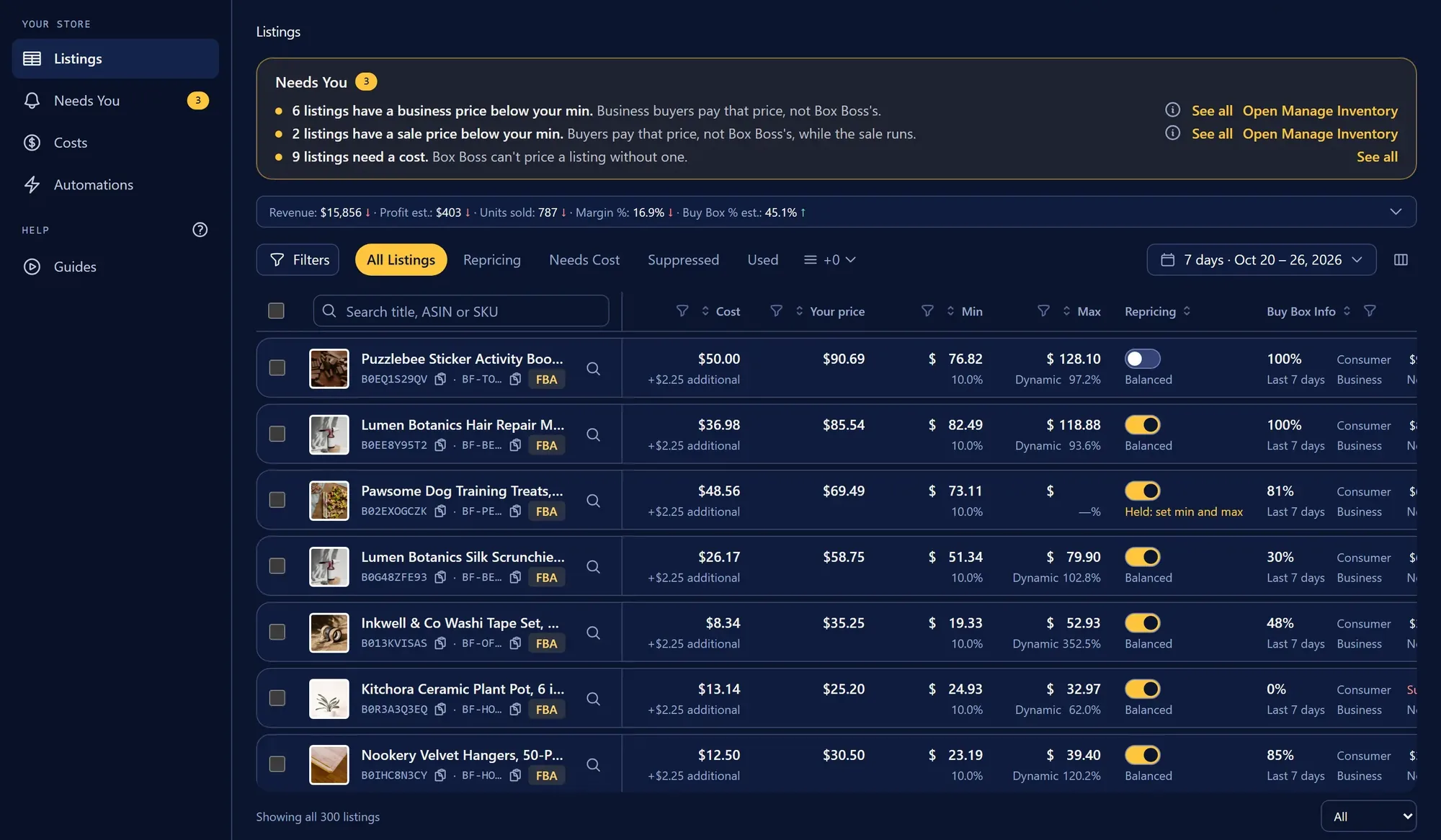 The Box Boss Repricer Listings screen: a table of products with cost, price, minimum, maximum, repricing switch and Buy Box information for each listing.